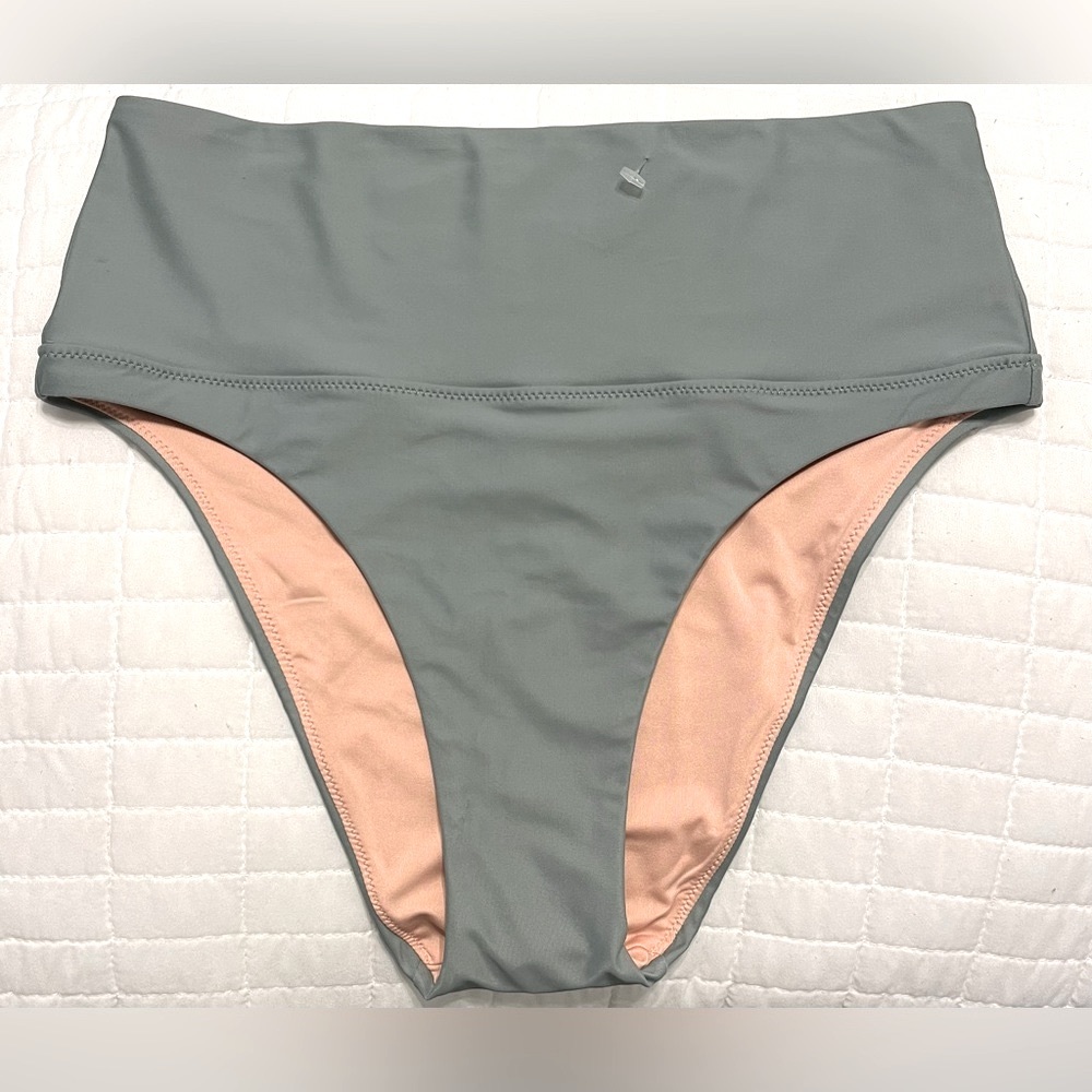 Madewell High-Waist Bikini Bottoms in Sage Green with Peach Lining